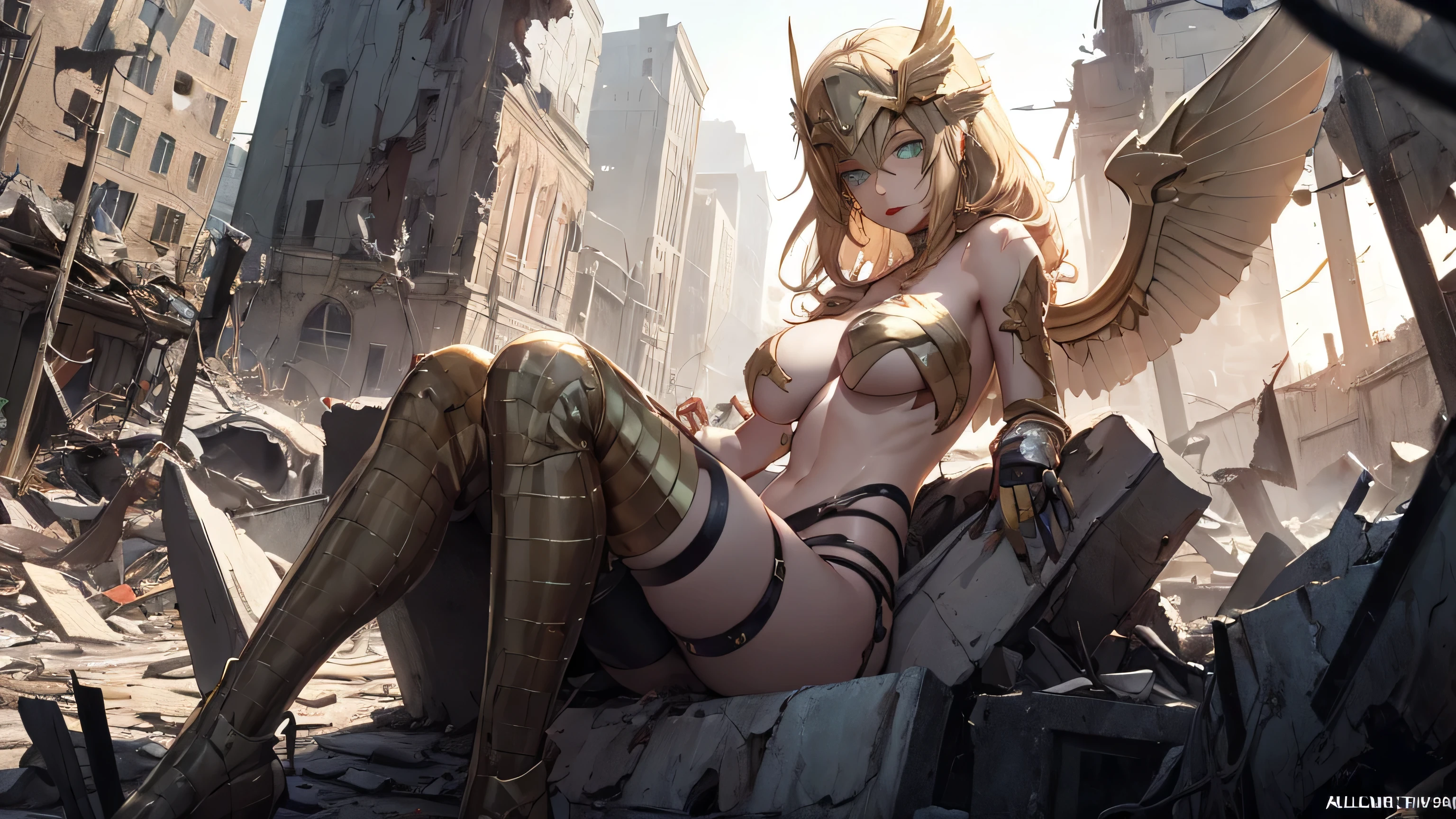 Meisterwerk, Detailed scenario of a destroyed city, Detailed background of the destroyed city, Allein, a beautiful woman with medium sized nakedsts, p Nippel, nackt, detailed bful face, green eyes, Helmet with golden wings, Rote Haare, auf einem Felsen sitzen, beautiful eyes, sexy Pose, seductive l at the viewer, naked body