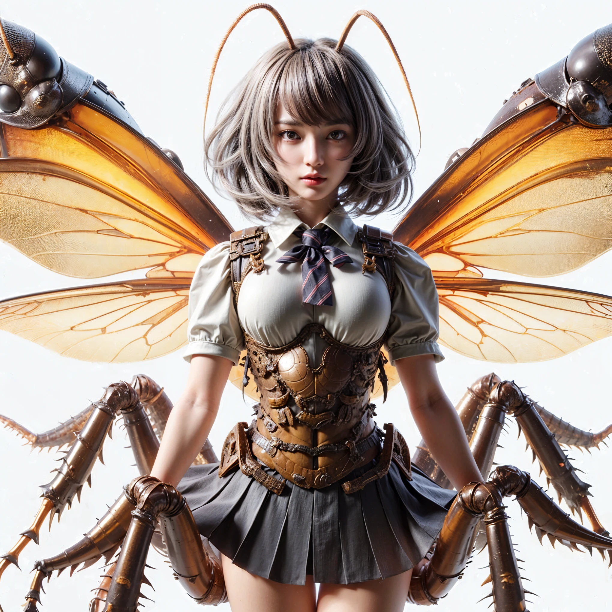 (top-quality:1.2, masterpiece), ultra high res,(Photorealsitic:1.4), (scorpion-like bio animal suit:1.3), heavy weapons,large wings, vivid textures,insect legs, red  hair, glowy skin, fur,japanese girl beautiful face,  ((super realistic intricate details)), full body shot, globalillumination, octan render, ultrasharp, character edge light, Details of complex ornaments, Acrylic Clear Cover, Hydraulic cylinder