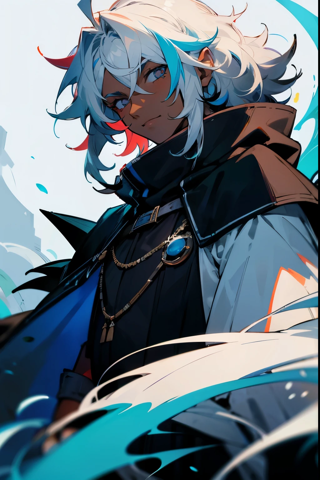 1male , Dark Skin , White Hair , Spiky Hair ,Wavy Hair, Medium Length Hair , Multicolored Hair ,White and Dark Blue Hair, Bright blue facial markings , Black Poncho , Combat clothing , Masterpiece Quality
