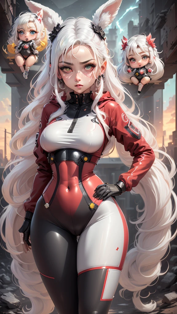 single,1woman\((chibi:1.8),cute,kawaii,,(white hair:1.7),(very long hair:1.7),bumps,(ear\(fluffy white Rabbit-ear\):1.3), (only 1 small rabbit tail on the hip:1.2),(red eye),big eye,beautiful bright eye,white skin color,big hair bow,(suit\(combat suit,(very tight :1.5 ),(show body line:1.2),weapons\)), BREAK ,Background\(rubble city,(close woman), BREAK ,quality\(8K,extremely detailed CG unit wallpaper, artwork master,high resolution,top-quality,top-quality real skin texture,hyperrealistic,increase resolution,RAW photos,best quality,highly detailed,wallpaper,golden ratio\)