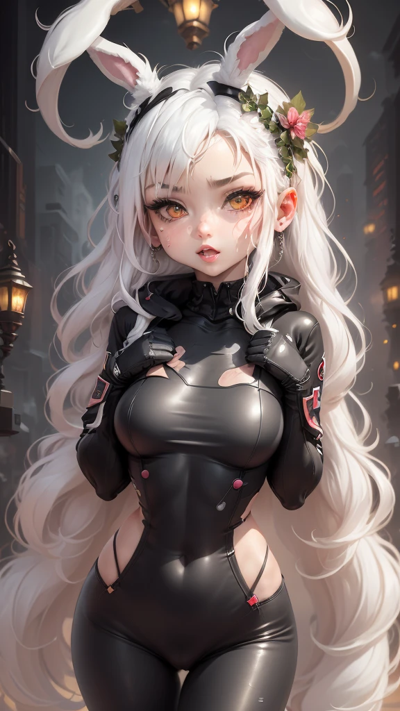 single,1woman\((chibi:1.8),cute,kawaii,,(white hair:1.7),(very long hair:1.7),bumps,(ear\(fluffy white Rabbit-ear\):1.3), (only 1 small rabbit tail on the hip:1.2),(red eye),big eye,beautiful bright eye,white skin color,big hair bow,(suit\(combat suit,(very tight :1.5 ),(show body line:1.2),weapons\)), BREAK ,Background\(rubble city,(close woman), BREAK ,quality\(8K,extremely detailed CG unit wallpaper, artwork master,high resolution,top-quality,top-quality real skin texture,hyperrealistic,increase resolution,RAW photos,best quality,highly detailed,wallpaper,golden ratio\)