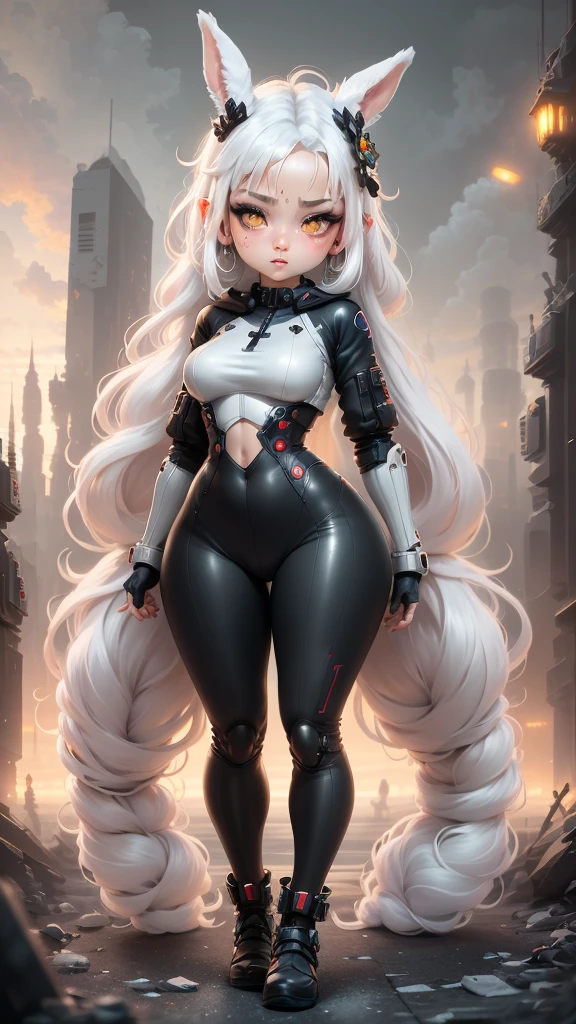 single,1woman\((chibi:1.8),cute,kawaii,,(white hair:1.7),(very long hair:1.7),bumps,(ear\(fluffy white Rabbit-ear\):1.3), (only 1 small rabbit tail on the hip:1.2),(red eye),big eye,beautiful bright eye,white skin color,big hair bow,(suit\(combat suit,(very tight :1.5 ),(show body line:1.2),weapons\)), BREAK ,Background\(rubble city,(close woman), BREAK ,quality\(8K,extremely detailed CG unit wallpaper, artwork master,high resolution,top-quality,top-quality real skin texture,hyperrealistic,increase resolution,RAW photos,best quality,highly detailed,wallpaper,golden ratio\)