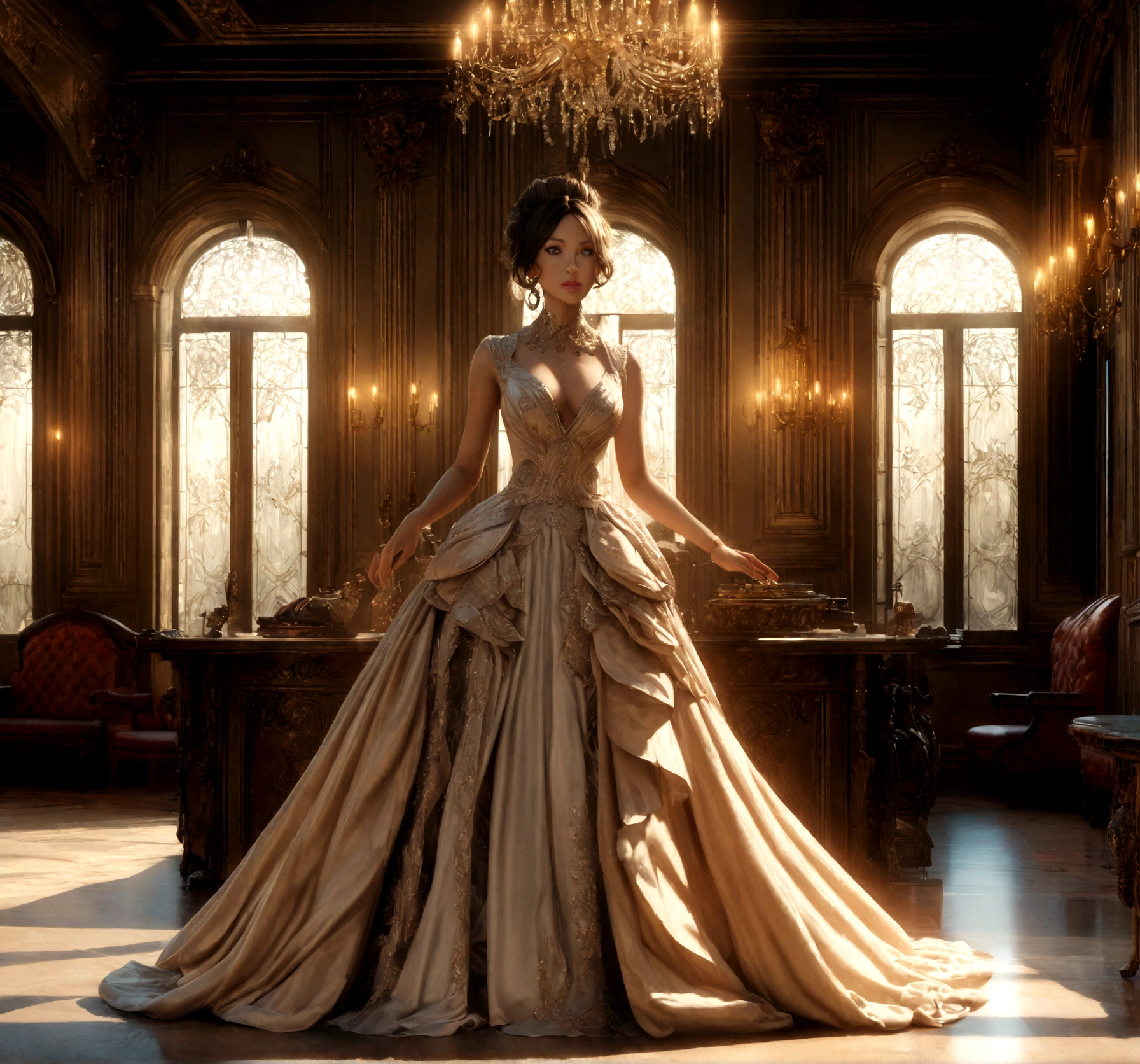 a lovely luxurious dressed mommy milf, detailed face, beautiful detailed eyes, beautiful detailed lips, extremely detailed facial features, high-fashion dress, elegant hairstyle, intricate jewelry, standing in a grand mansion interior, ornate furniture, chandelier, sunlight streaming through windows, photorealistic, 8k, high resolution, cinematic lighting, warm color palette