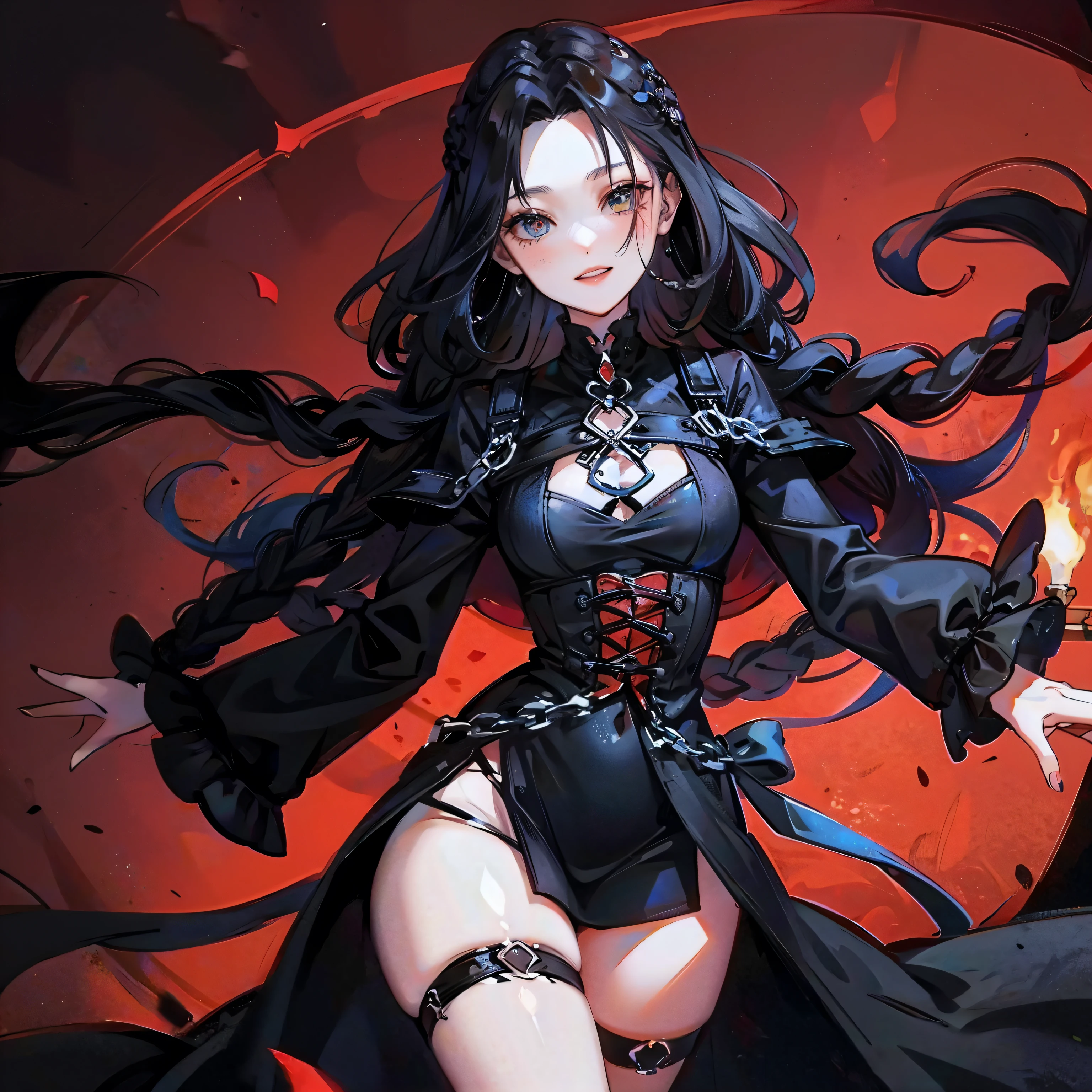 1girl, Gothic background, black dress ,black hair, red eyes, vampire, fangs, freckles, french braid, purple dress,medium breasts, slim waist, wide hips, medieval castle. Nighttime, blue spectrum,cool tones.