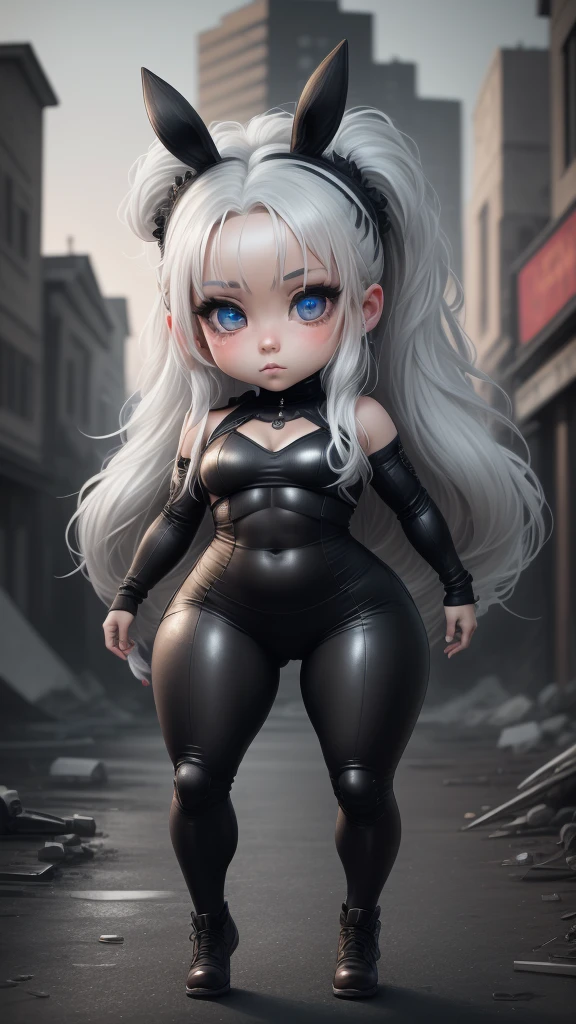 single,1woman\((chibi:1.8),cute,kawaii,**********,(white hair:1.7),(very long hair:1.7),bumps,(ear\(fluffy white Rabbit-ear\):1.3), (only 1 small rabbit tail on the hip:1.2),(red eye),big eye,beautiful bright eye,white skin color,big hair bow,(suit\(combat suit,(very tight :1.5 ),(show body line:1.2),weapons\)), BREAK ,Background\(rubble city,(close woman), BREAK ,quality\(8K,extremely detailed CG unit wallpaper, artwork master,high resolution,top-quality,top-quality real skin texture,hyperrealistic,increase resolution,RAW photos,best quality,highly detailed,wallpaper,golden ratio\)