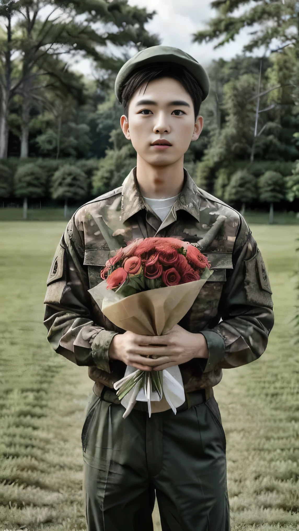 8k, (masterpiece), best quality, 2d, Brother Bing,Wear training uniform，Wearing a hat，Wearing a full set of military green camouflage uniforms, Outdoor meadow background, Upper body unobstructed photos，Green Clothing，Southeast Asian Soldiers，Frontal orientation，Positive face，Eyes looking at the camera，Holding carnation flowers，Happy Mother's Day，Holding a big pink flower in hand，Pink large flowers，