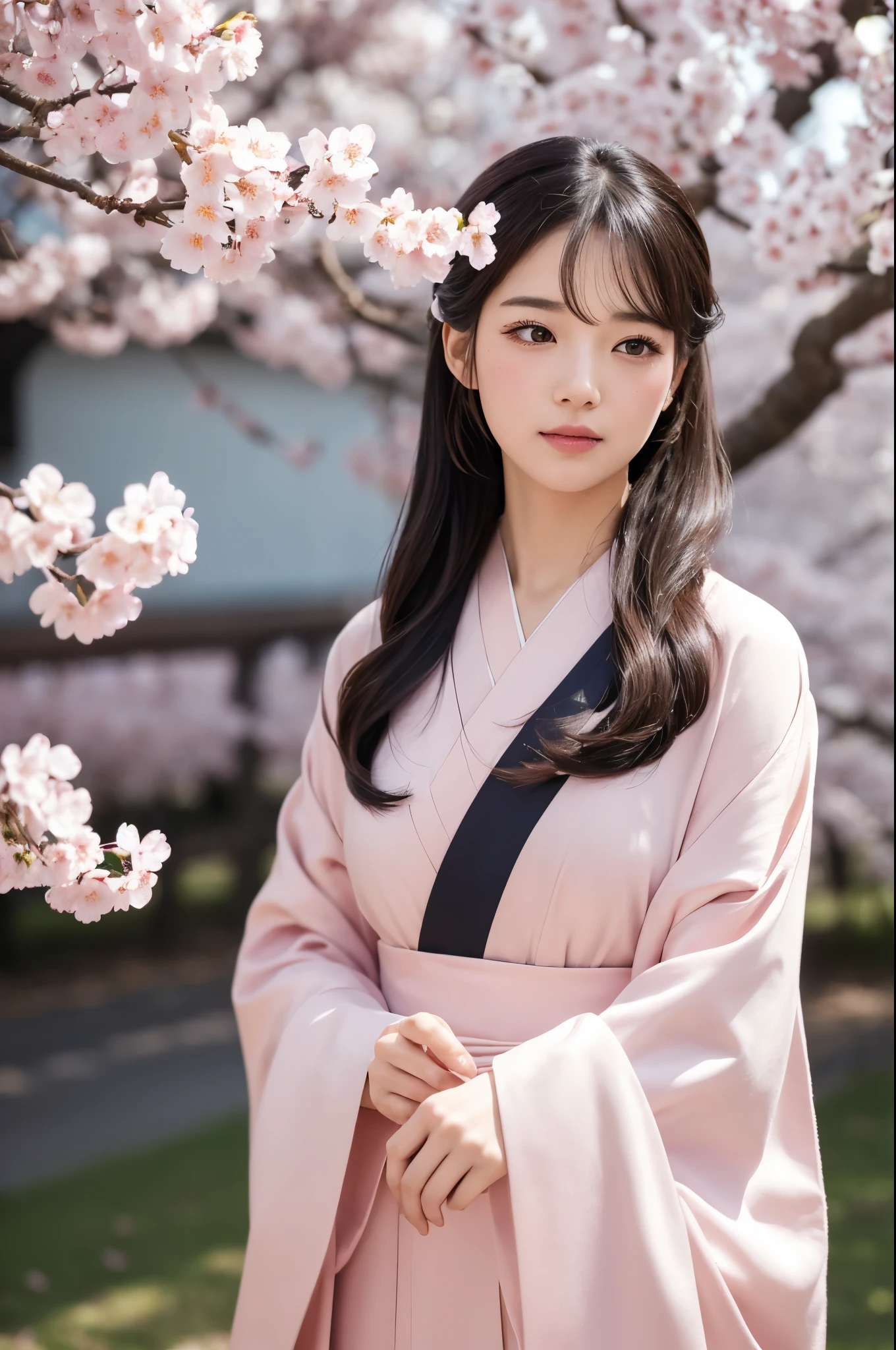 8K.A black-haired woman quietly looking up at the cherry blossom tree,Super Beauty(Like the real thing),A woman wearing a kimono with a cherry blossom design,Her hair is tied up and she is wearing a cherry blossom hairpin.,Beautiful expression,Messy, I am proud, Absurd, celebration, Cowboy Shot, Portraiture, (highest quality), (Tabletop), (Very detailed), masterpiece,highest qualityのフォトリアリスティックなRAW写真。Backlight, Cinema Lighting, Film Grain, to be born, 50mm lens, Nikon D850,Ultra-Realistic Skin,Fantasy art,Character Art,Ultra-high resolution,Muscular and slender body type,Perfect hands,compensate,Bust shot close-up,Pink Rouge,Cherry blossom petals fluttering down in the wind,Fantastic scenery,Look up,