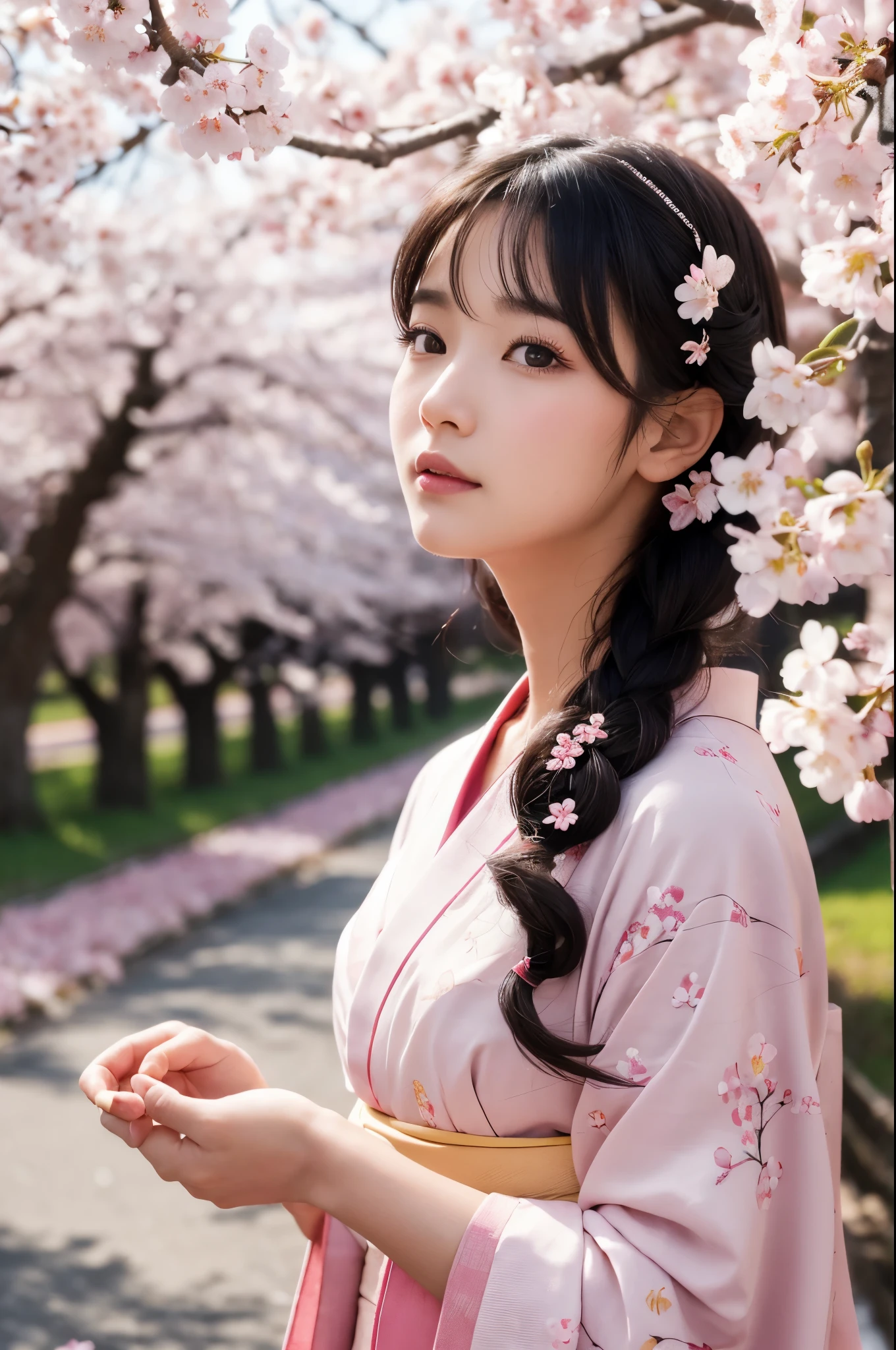 8K.A black-haired woman quietly looking up at the cherry blossom tree,Super Beauty(Like the real thing),A woman wearing a kimono with a cherry blossom design,Her hair is tied up and she is wearing a cherry blossom hairpin.,Beautiful expression,Messy, I am proud, Absurd, celebration, Cowboy Shot, Portraiture, (highest quality), (Tabletop), (Very detailed), masterpiece,highest qualityのフォトリアリスティックなRAW写真。Backlight, Cinema Lighting, Film Grain, to be born, 50mm lens, Nikon D850,Ultra-Realistic Skin,Fantasy art,Character Art,Ultra-high resolution,Muscular and slender body type,Perfect hands,compensate,Bust shot close-up,Pink Rouge,Cherry blossom petals fluttering down in the wind,Fantastic scenery,Look up,