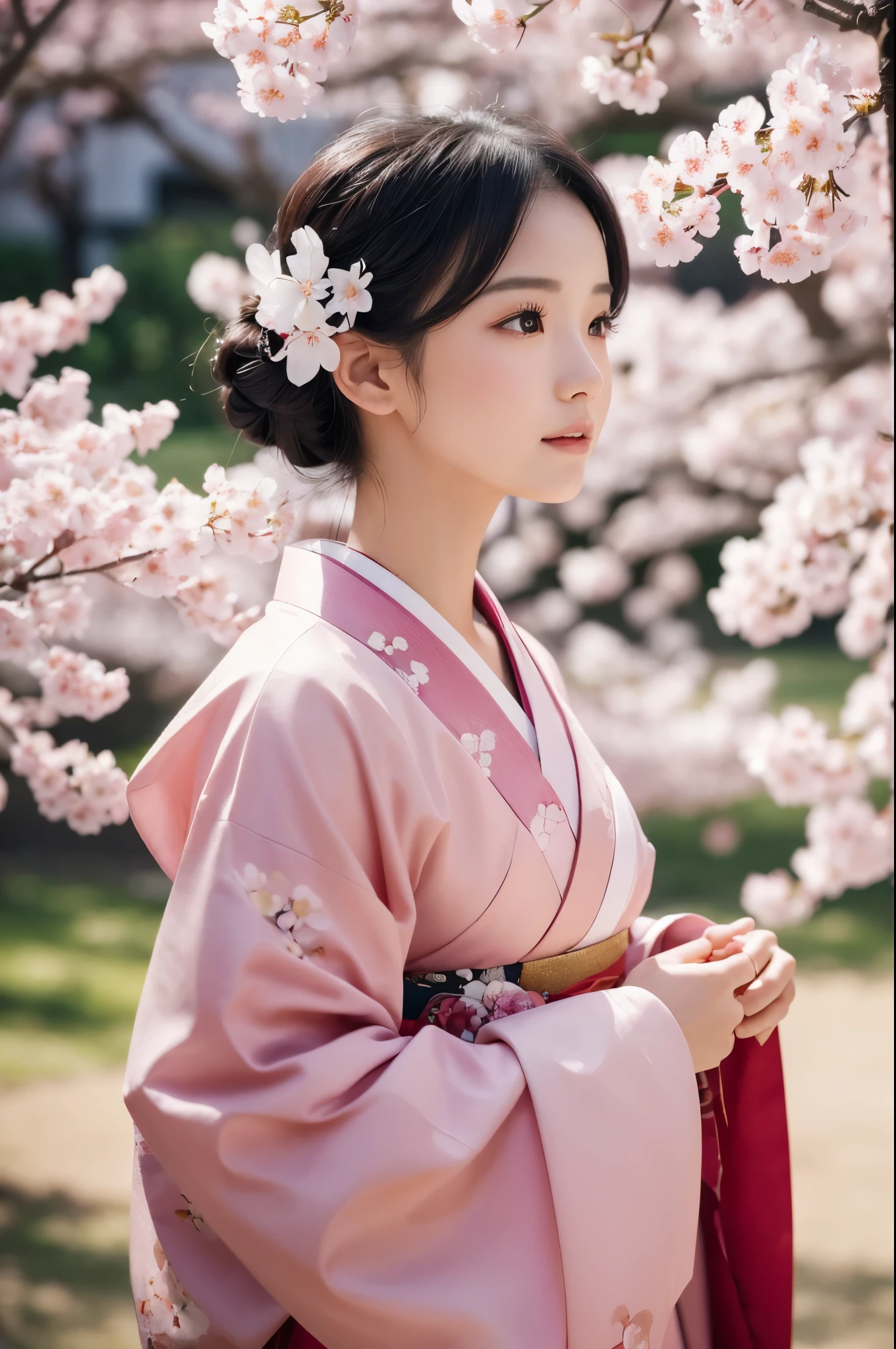 8K.A black-haired woman quietly looking up at the cherry blossom tree,Super Beauty(Like the real thing),A woman wearing a kimono with a cherry blossom design,Her hair is tied up and she is wearing a cherry blossom hairpin.,Beautiful expression,Messy, I am proud, Absurd, celebration, Cowboy Shot, Portraiture, (highest quality), (Tabletop), (Very detailed), masterpiece,highest qualityのフォトリアリスティックなRAW写真。Backlight, Cinema Lighting, Film Grain, to be born, 50mm lens, Nikon D850,Ultra-Realistic Skin,Fantasy art,Character Art,Ultra-high resolution,Muscular and slender body type,Perfect hands,compensate,Bust shot close-up,Pink Rouge,Cherry blossom petals fluttering down in the wind,Fantastic scenery,Look up,