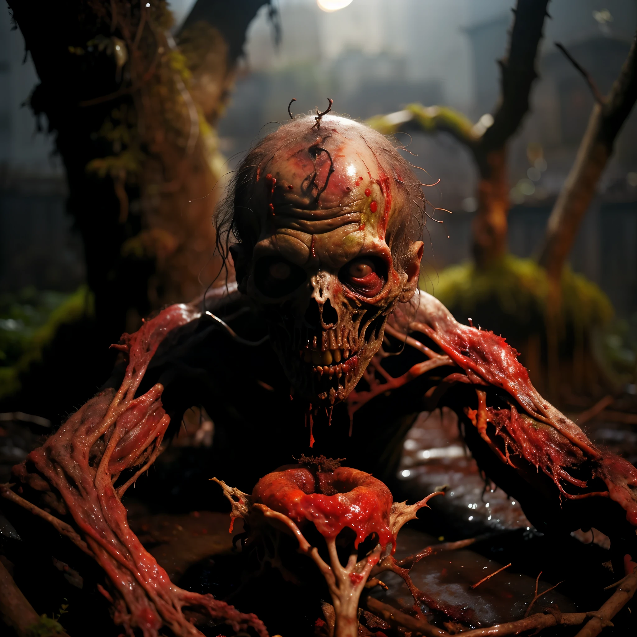 Wight:1, ((medium range)), sozinho, olhos vermelhos, Bloody, musgo, sujo, decaying meat, dark cinematic lighting, (beco urbano: 1.5), lixeiras, Ratos, Baratas
