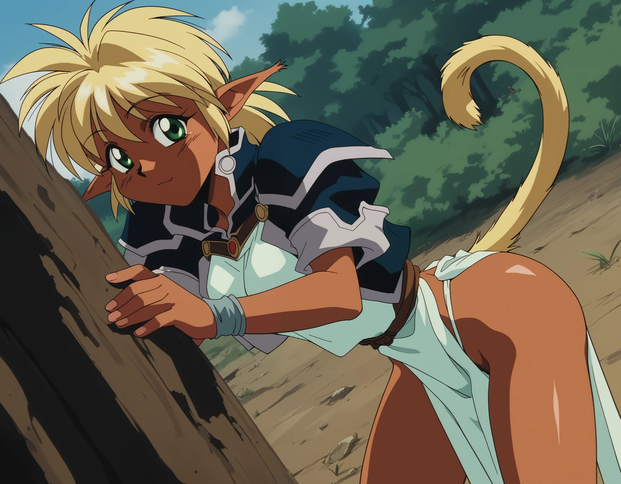 score_9, score_8_up, score_7_up, source_anime,
refam,
fam, blonde hair, green eyes, pointy ears, dark skin, dark-skinned female, elf, long pointy ears, retro artstyle, 1990s \(style\),
tail, short sleeves, wristband, pelvic curtain,
outdoors, wasteland, bent over,
looking at viewer, cowboy shot, dutch angle,