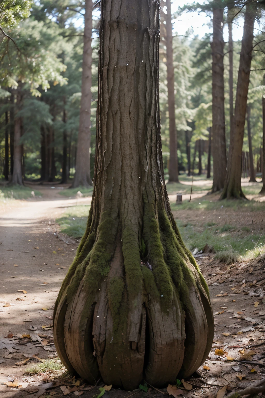 dame un fondo de un bosque con trancos para poner objetos en cada tronco