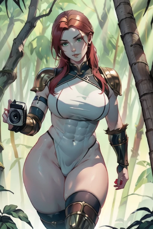 ((best quality)), ((masterpiece)), (detailed), prefect face, female, pale skin, green eyes, (red hair), pony-tail, (scantly-clad armor), (jungle background), muscular curvy body, ((high camera angle)),