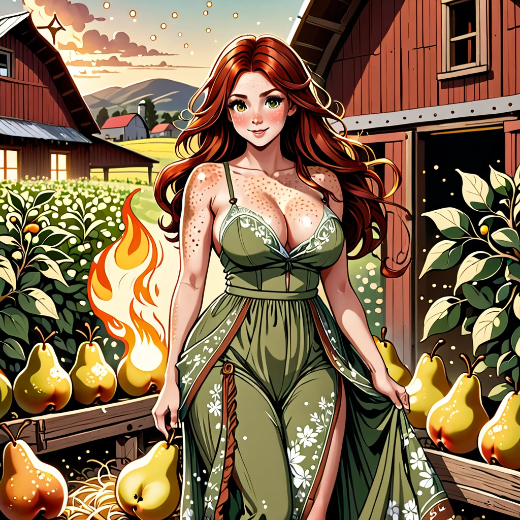 Luma is a topless person, she is beautiful And have a strong posture, she has huge breasts that have a voluminous proportion, a pear feminine silhouette, Auburn hair, long Auburn hair, She has expressive eyes, ( Only eyes olive green) Her skin is fair and she has some light freckles on her cheek bones, busty, Farm, Brown rustic clothes, boho clothes, farm boho fashion clothes, romantic vibes, fire lights, fire sparkles, flowers clothes the hair to be half straight and half with curled ends cartoon, nude tits