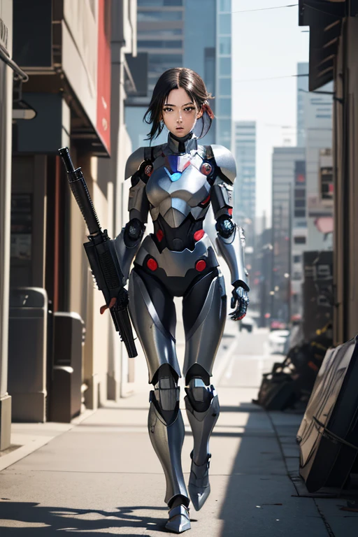 survival game、Full body metal、Robot-like heavily armored soldier、survival gameのフィールド、A beautiful girl is holding a firearm、head to waste、Vulcan cannon、m134 milligun、Material Rifle、heavy machine gun、ironman、