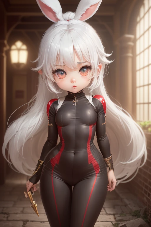 single,1woman\((chibi:1.8),cute,kawaii,Little boy,(white hair:1.7),(very long hair:1.7),bumps,(ear\(fluffy white Rabbit-ear\):1.3), (only 1 small rabbit tail on the hip:1.2),(red eye),big eye,beautiful bright eye,white skin color,big hair bow,(suit\(combat suit,(very tight :1.5 ),(show body line:1.2),weapons\)), BREAK ,Background\(rubble city,(close woman), BREAK ,quality\(8K,extremely detailed CG unit wallpaper, artwork master,high resolution,top-quality,top-quality real skin texture,hyperrealistic,increase resolution,RAW photos,best quality,highly detailed,wallpaper,golden ratio\)