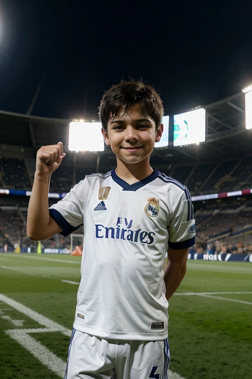 crea En la imagen, shown to a  between 6 and , vistiendo una camiseta del Real Madrid. Is standing, with an expression of joy and pride, levantando el trofeo de la Champions League sobre su cabeza con ambas manos. The boy has short dark hair, and he is in a football stadium full of lights and Real Madrid flags waving. The team&#39;s white shirt has the Real Madrid logo and characteristic stripes. El trofeo es grande y plateado, brillando bajo las luces del estadio. La escena es festiva, with confetti in the air and fans celebrating in the background