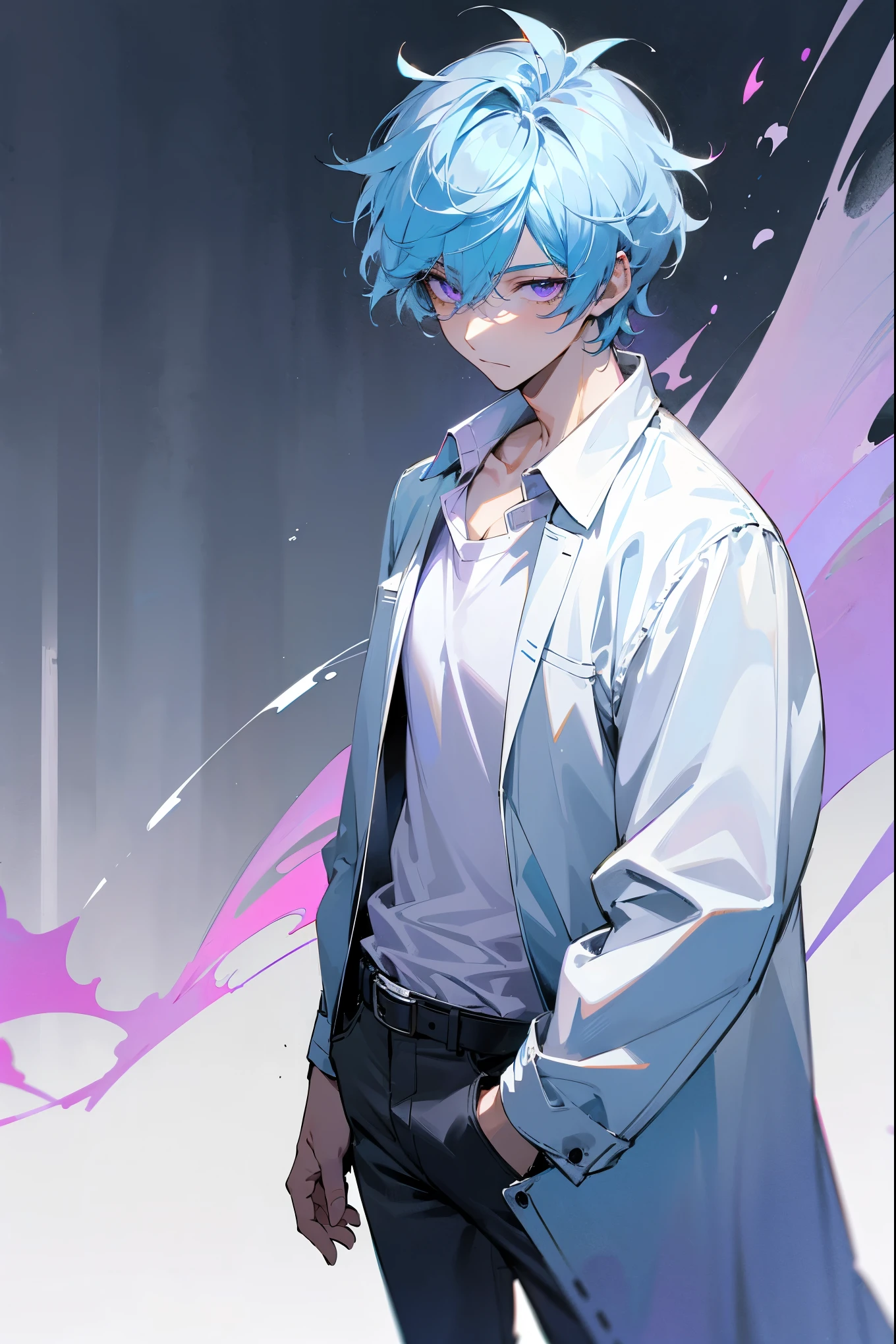 1male, light blue hair, short scruffed messy hair, light purple eyes, white short coat, black undershirt, white jeans, expressionless, city background, standing on path, detailed face, detailed background