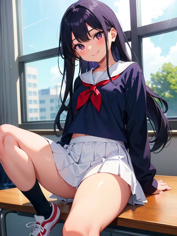 school classroom　elementary school girl　8-year-old　flat chest　black hair　long hair　eyes are purple　smile　（（1 person））　Upper half length sleeve white sailor uniform　Lower body navy blue miniskirt（（White panties are visible））　black socks　sneakers　standing by the window　spread your legs a little　I can see white panties　dynamic angle　Low angle from the front