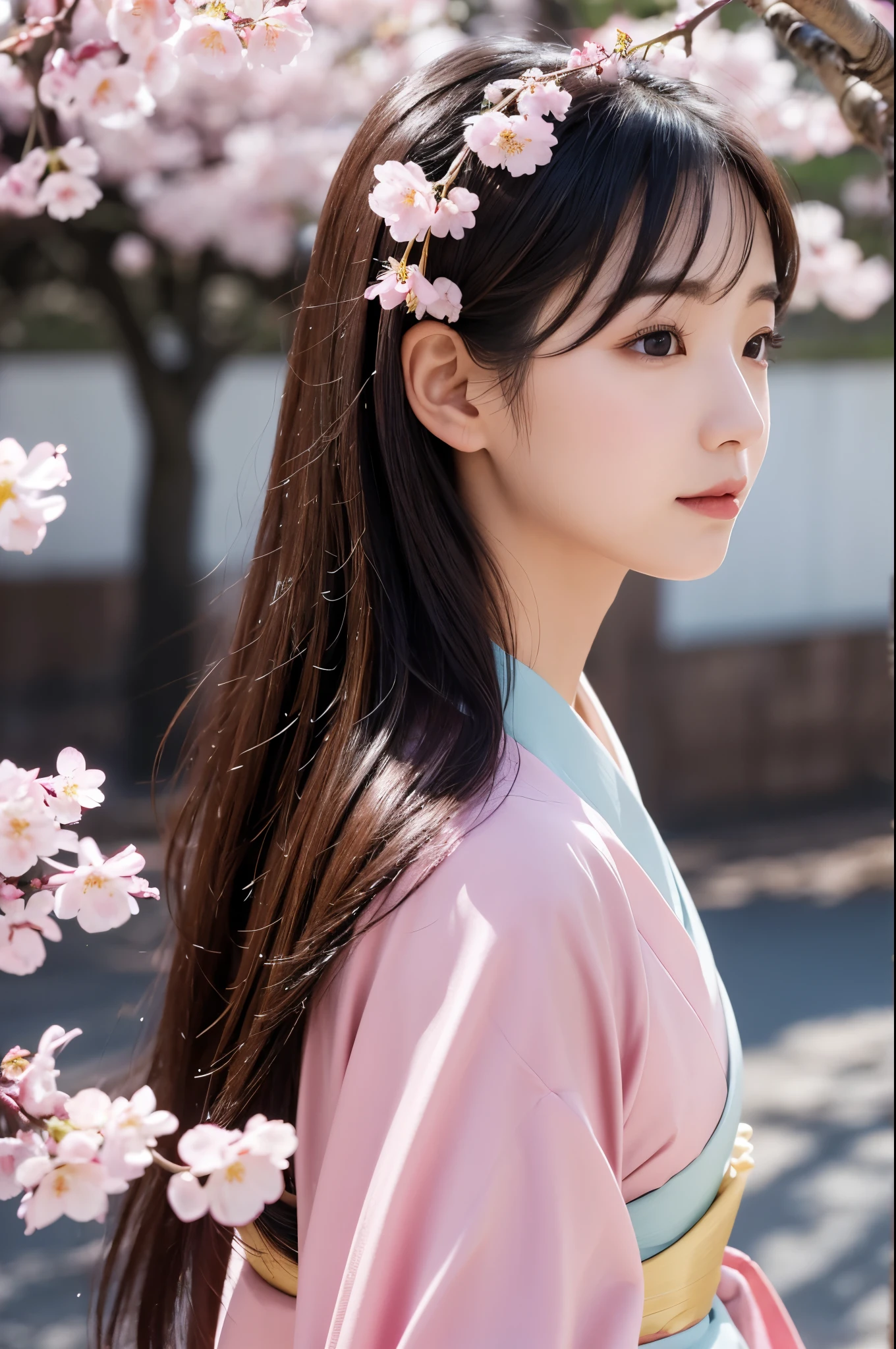 8K.A black-haired woman quietly looking up at the cherry blossom tree,Super Beauty(Like the real thing),A woman wearing a kimono with a cherry blossom design,Her hair is tied up and she is wearing a cherry blossom hairpin.,Beautiful expression,Messy, I am proud, Absurd, celebration, Cowboy Shot, Portraiture, (highest quality), (Tabletop), (Very detailed), masterpiece,highest qualityのフォトリアリスティックなRAW写真。Backlight, Cinema Lighting, Film Grain, to be born, 50mm lens, Nikon D850,Ultra-Realistic Skin,Fantasy art,Character Art,Ultra-high resolution,Muscular and slender body type,Perfect hands,compensate,Bust shot close-up,Pink Rouge,Cherry blossom petals fluttering down in the wind,Fantastic scenery,My eyes are on the cherry blossoms above,