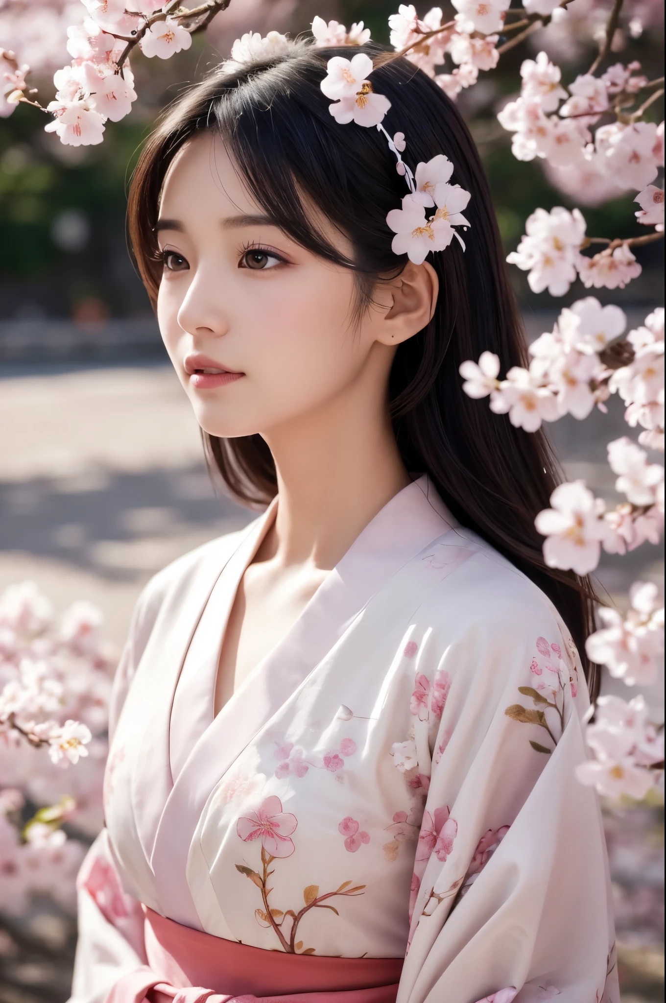 8K.A black-haired woman quietly looking up at the cherry blossom tree,Super Beauty(Like the real thing),A woman wearing a kimono with a cherry blossom design,Her hair is tied up and she is wearing a cherry blossom hairpin.,Beautiful expression,Messy, I am proud, Absurd, celebration, Cowboy Shot, Portraiture, (highest quality), (Tabletop), (Very detailed), masterpiece,highest qualityのフォトリアリスティックなRAW写真。Backlight, Cinema Lighting, Film Grain, to be born, 50mm lens, Nikon D850,Ultra-Realistic Skin,Fantasy art,Character Art,Ultra-high resolution,Muscular and slender body type,Perfect hands,compensate,Bust shot close-up,Pink Rouge,Cherry blossom petals fluttering down in the wind,Fantastic scenery,My eyes are on the cherry blossoms above,