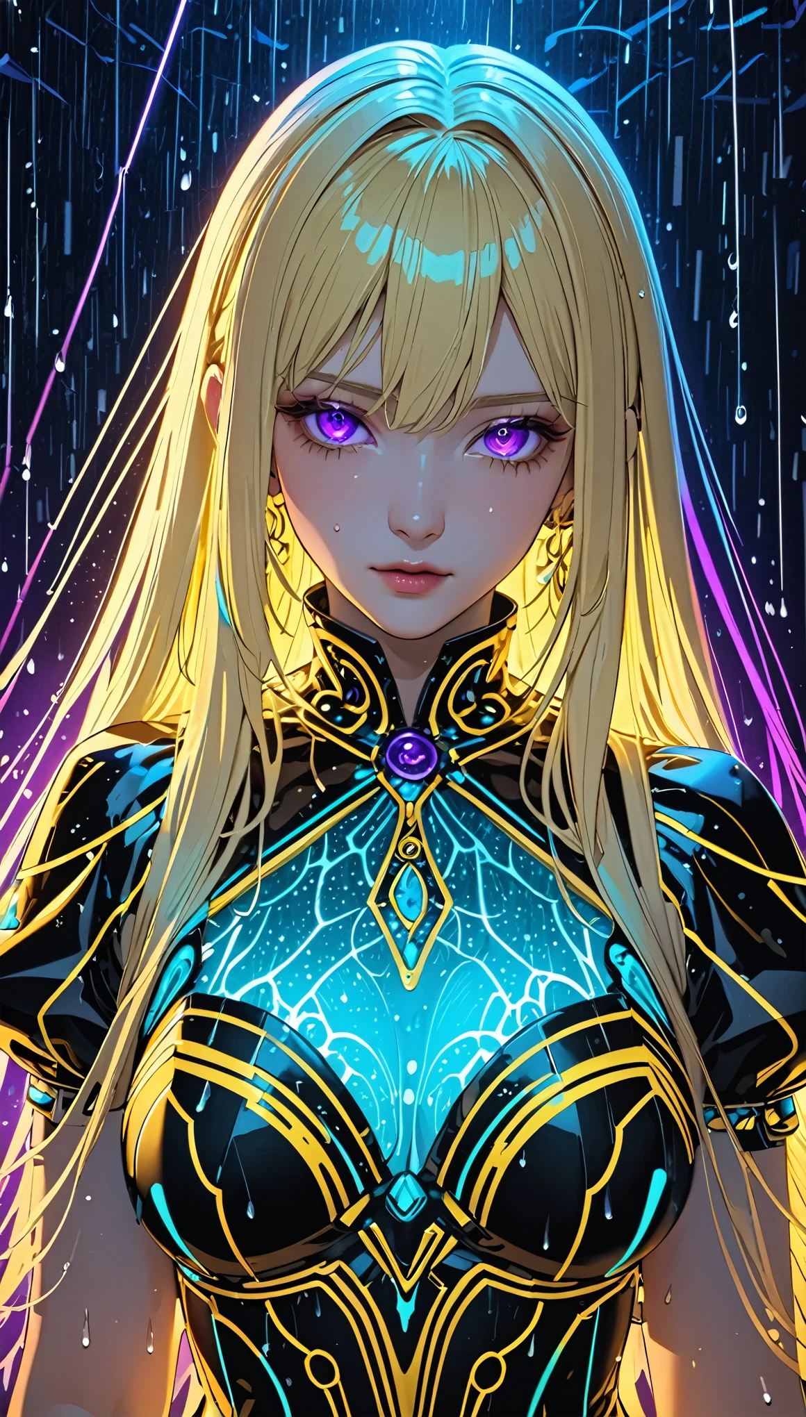 tone mapped, ((anime)), novel illustration, intricate details 1girl, bjd doll, violet eyes,(long hair, golden hair), fancy dress, (bioluminescence, neon trim:1.2), fantasy, rain, night time, looking at viewer, ((portrait)), partially colored, standing (exceptional, best aesthetic, new, newest, best quality, masterpiece, extremely detailed)