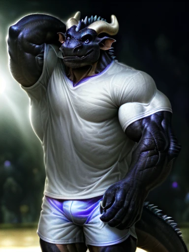 anthropology(Western Dragon）, Solitary,Black Dragon, Light,Longhorn，Double Horn,Thin clothes, male, Tops, muscular, muscular anthropology（Western Dragon）,  Sports shirts，blue eyes, dark skin，muscular male, Black body, Eyes look at the audience, Empty,  Bottoms，shorts， Detailed background, Reality, Realistic hands, 8k HD, Extreme details, (Dark Shadows, Wide dynamic range, HDR, Low light:1.2), author：kusunagi,From furaffinity,author：null-ghost ,author：oldshep,From furaffinity