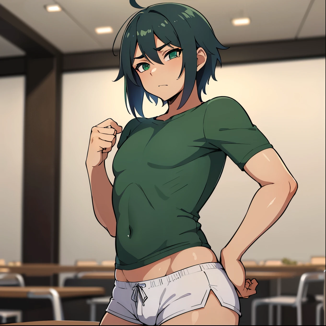 calidad superior, Obra maestra, Ultra high resolution, de un 1 chico), (femboy muy bajo con cabello verde y muy corto, He has green eyes and wears a short shirt and some very tight shorts. He is in a cafeteria. He has big thighs and a very feminine body. He is on his back showing his huge ass squeezed by his shorts. He is a femboy boy without breasts.