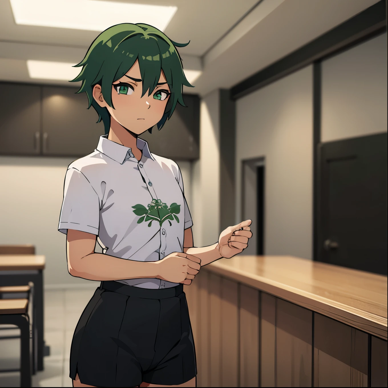 calidad superior, Obra maestra, Ultra high resolution, Anime illustration of a 1 very short femboy boy with very short green hair, green eyes and wears a short shirt and very tight shorts she is in a cafeteria she has big thighs and a very feminine body