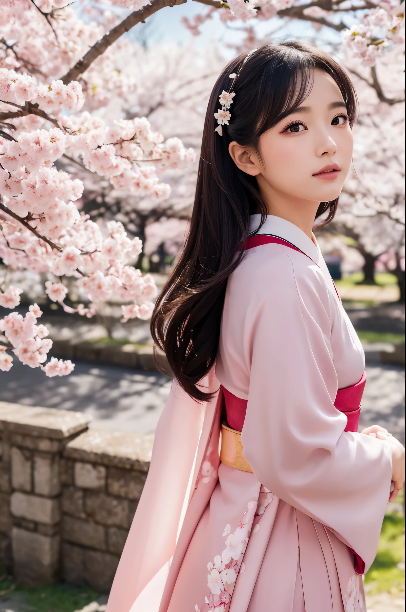8K.A black-haired woman quietly looking up at the cherry blossom tree,Super Beauty(Like the real thing),A woman wearing a kimono with a cherry blossom design,Her hair is tied up and she is wearing a cherry blossom hairpin.,Beautiful expression,Messy, I am proud, Absurd, celebration, Cowboy Shot, Portraiture, (highest quality), (Tabletop), (Very detailed), masterpiece,highest qualityのフォトリアリスティックなRAW写真。Backlight, Cinema Lighting, Film Grain, to be born, 50mm lens, Nikon D850,Ultra-Realistic Skin,Fantasy art,Character Art,Ultra-high resolution,Muscular and slender body type,Perfect hands,compensate,Bust shot close-up,Pink Rouge,Cherry blossom petals fluttering down in the wind,Fantastic scenery,My eyes are on the cherry blossoms above,Reaching for the cherry blossoms,