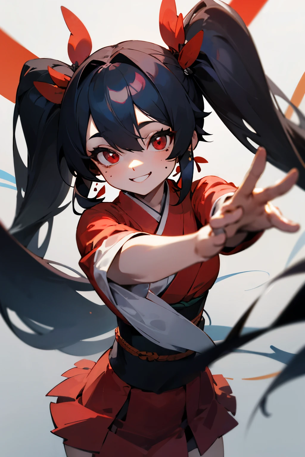 Black hair, red eyes, slanted eyes, long twin tails, mask, red kimono, miniskirt, moles under both eyes, girl, smiling face