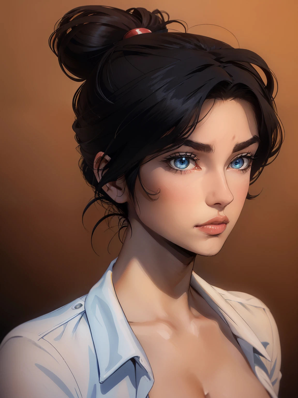 ((( portrait))) of beautiful brunette (female) in her 30s ,mature look, (small mouth) but (thick kissable lips), shy gaze, ((((tiny snob nose)))) ,( prefect shaped eyes),((blue eyes)) ,long eyelashes, eyeliner ,((( thick eyebrows))) , charming, cute ,  ((( sleek slicked back hair bun ))), ( black hair), fair skin, modern look, stylish , classy,  wearing Unbuttoned classic shirt, clivage ,  Castlevania style