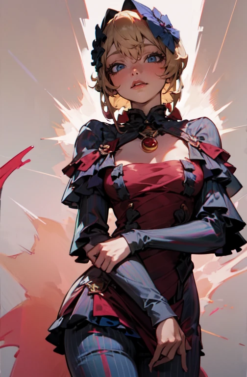 Sexy panties, 1girl, Single, he have, Blonde hair , blue dress , Black frills, medium hair , Sharp explosions, Striped sleeves, Striped pants, Cowboy shot, Red lipstick, Lustrous lips, Medium breast, Blue eyes ,
