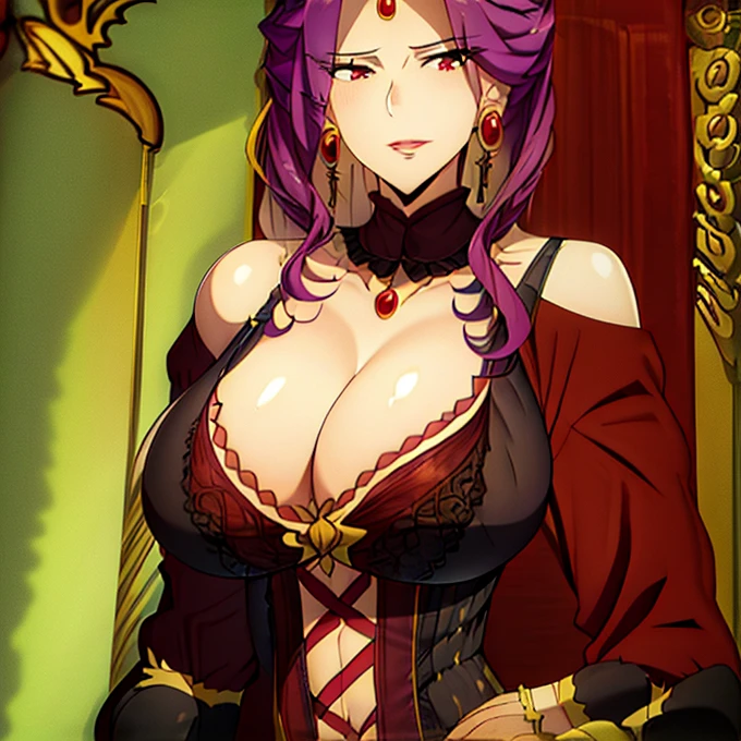 mirellia_q_melromarc, milf, 1 girl, alone, standing, (big breasts), (wide hips), (wide thighs), (black lingerie), (black bra), (black string thong), juliet_sleeves, crown, necklace, purple_hair, purple_eyes, lips, jewelry, embarrassed earrings, smile, castle, in the castle room ((big breasts, sagging breasts, swollen breasts, red lips, red dress, big hips, big cleavage)) thick lips, swollen lips.