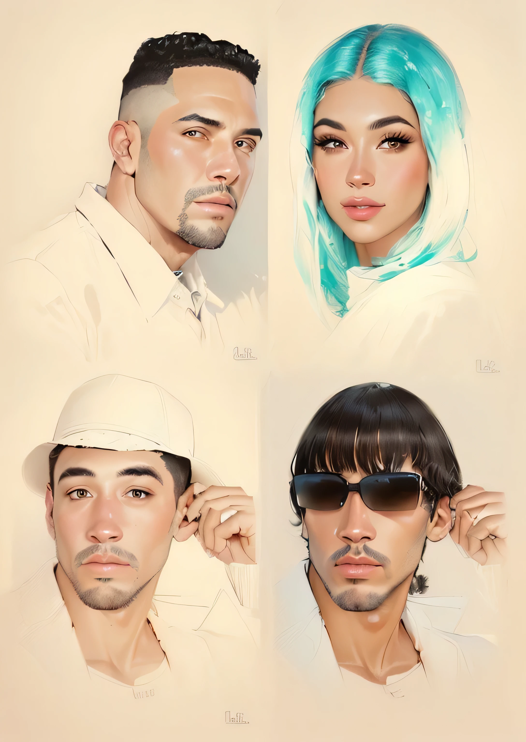 sketches of a man and a woman with sunglasses and a man with a hat, retratos detalhados, de arte, official illustration, artistas de renome mundial, official Admirador de arte, official de arte, retrato de arte de linha, retrato de artistas, in digital illustration style, Admirador de arte, gelo - t retrato, detailed Admirador de arte, rostos realistas detalhados, retrato, digital illustrations, inspirado em Christopher Williams, random artists
