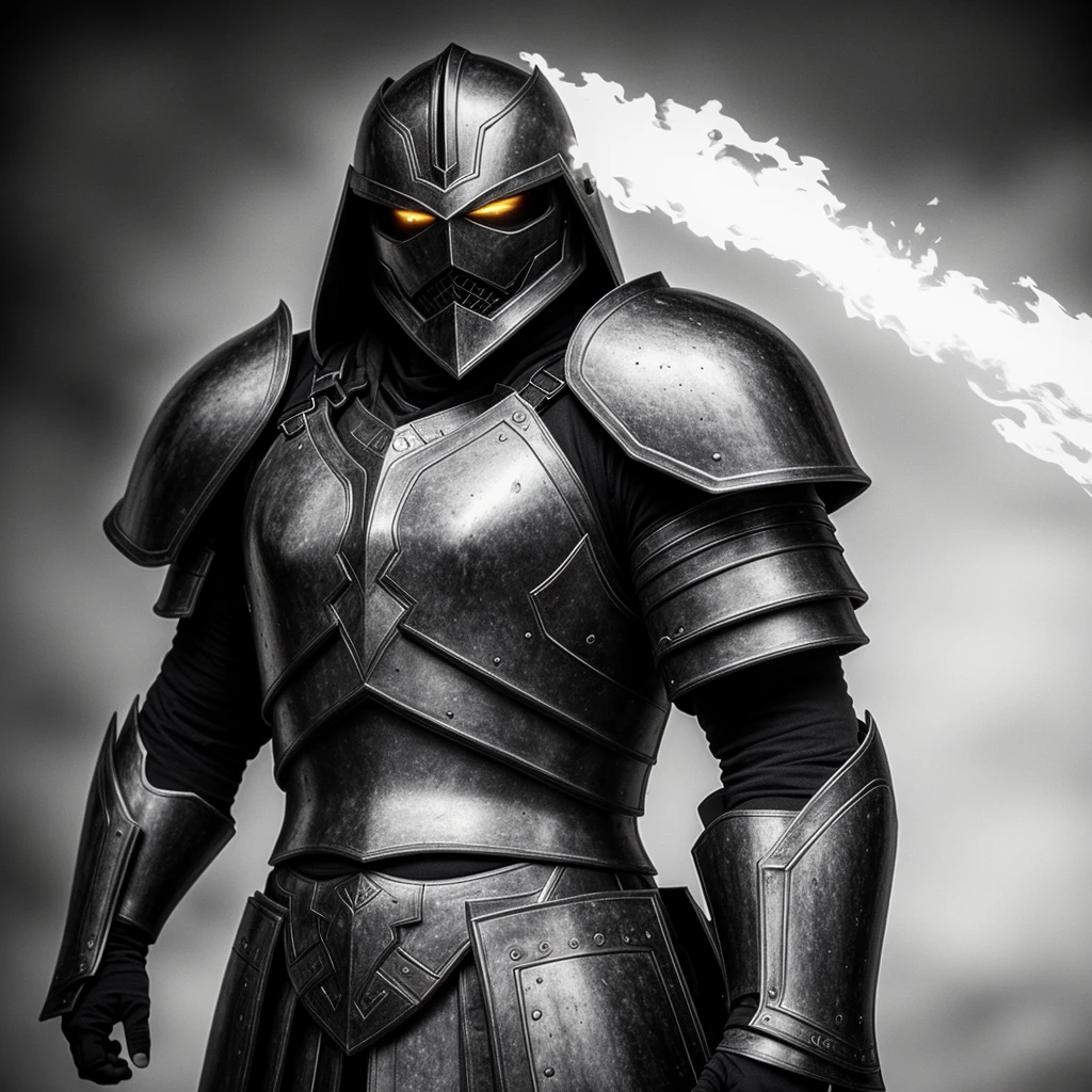 powerful big armor
masterpiece, highly detailed 8k photorealistic raw photography, best quality, low lighting and shadows a man with spectral armor of black and white tones, surrounded by a mysterious and enigmatic aura, spectral background, white eyes, white fire comes out of his armor, black and white fire comes out around the armor, the armor is black and white , the background is an abyss with color, the armor is wearing a long tunic, the armor is large and burly