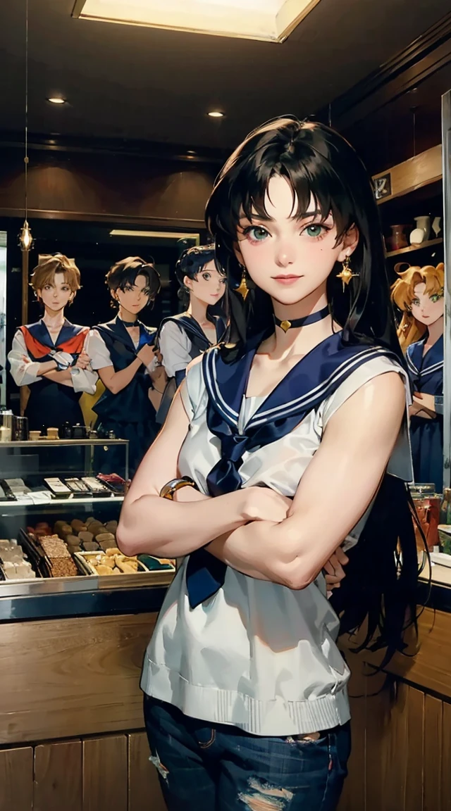 The main character is Usagi Tsukino, a clumsy and seemingly ordinary teenage girl who discovers that she is the reincarnation of Sailor Moon, the legendary warrior of love and justice. Usagi is joined by other Sailor Guardians, including Sailor Mercury, Sailor Mars, Sailor Jupiter, and Sailor Venus, each of whom possesses unique powers and abilities. Together, they fight evil forces, protect the world from various threats, and search for the Moon Princess. cybermisty, blonde hair, make up, green eyes, choker, jewellery, wearing a purple sweater, ripped jeans, pants, looking at viewer, serious, smiling,
standing, arms crossed, inside a pawn shop, counter, soft lighting, extreme detail, masterpiece, 