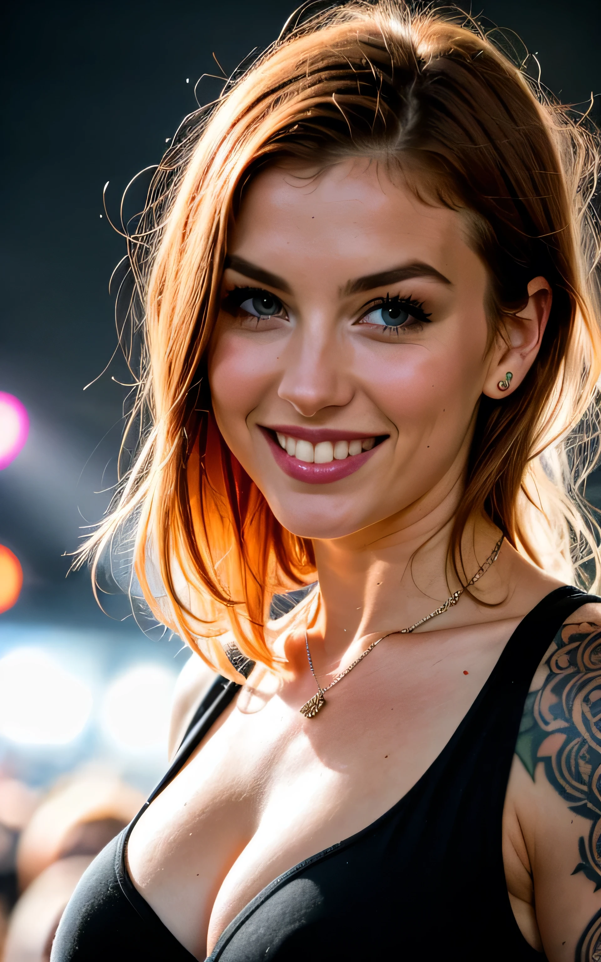 beautiful ginger hair, model, 28 years old,long hair, smiling, grunge, tattoos, at rock concert, vert large breasts, dramatic lighting, wearing low cut black vest top, walking away, looking back, makeup, closeup of face