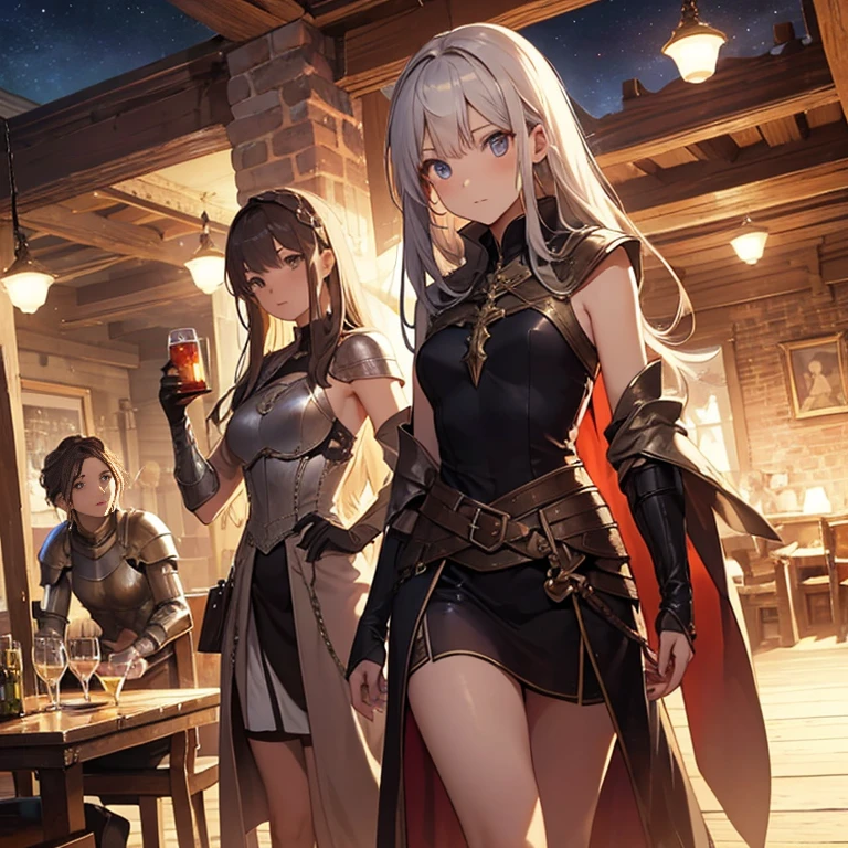 A group of female medieval fantasy adventurers, (in tavern), various hair styles, harem, night, details face, short skirt, seducing, sleeveless, armor