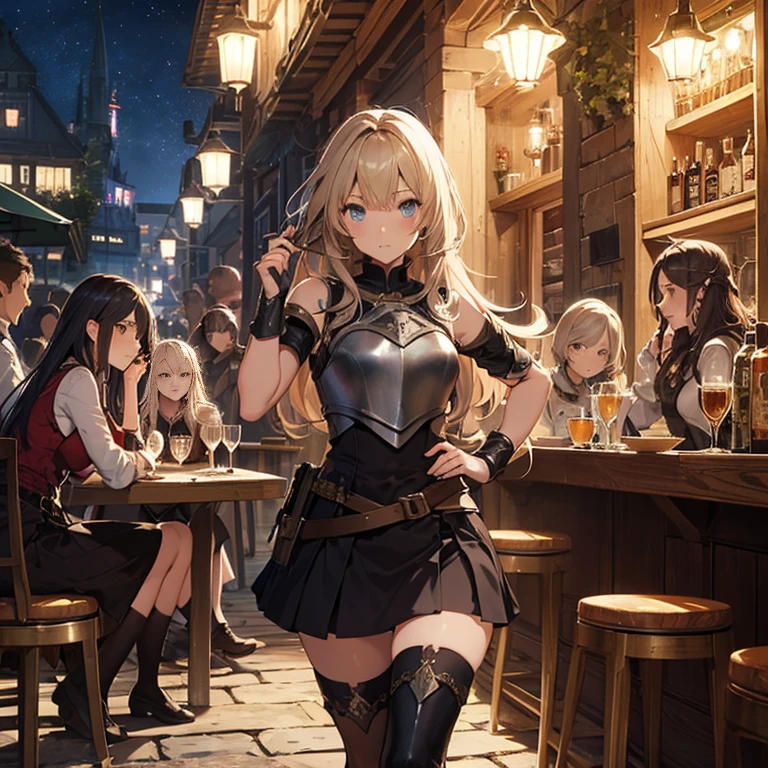 A group of female medieval fantasy adventurers, (in tavern), various hair styles, harem, night, details face, short skirt, seducing, sleeveless, armor