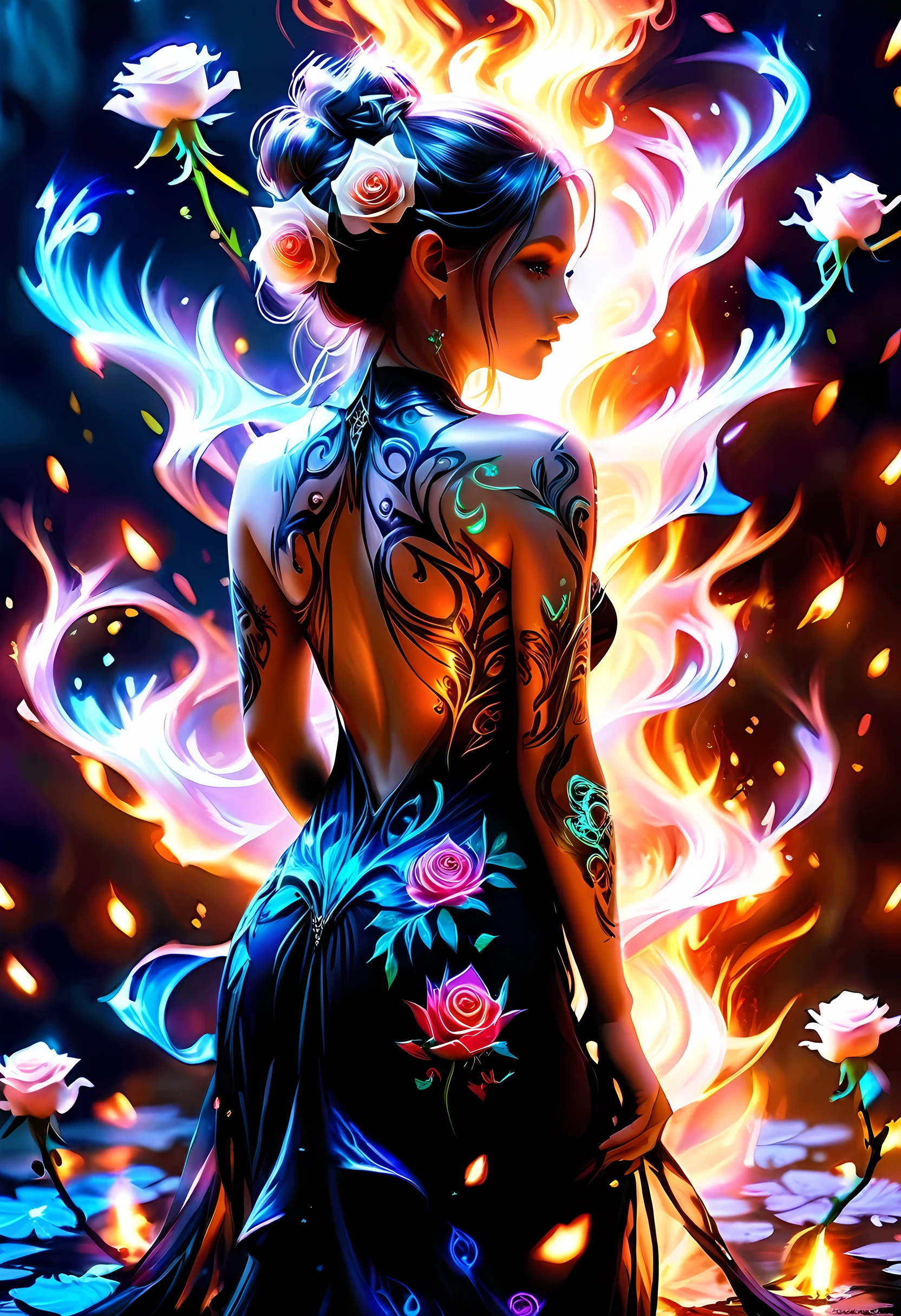 Arafed, Dark fantasy art, fantasy art, goth art, a picture of a tattoo on the back of a female elf, a glowing tattoo of a ((white rose: 1.3)) on the elf's back, the ((rose tattoo)) is vivid, intricate detailed coming to life from the ink to real life, GlowingRunesAI_purple, ((fire surrounds the rose petals: 1.5)), shot taken from the back, ((the back is visible: 1.3), she wears a transparent black dress, bare back, the dress is elegant, flowing, elven style, that the (tattoos glow: 1.1), dynamic hair color, dynamic hair style, faize,roses, betmd