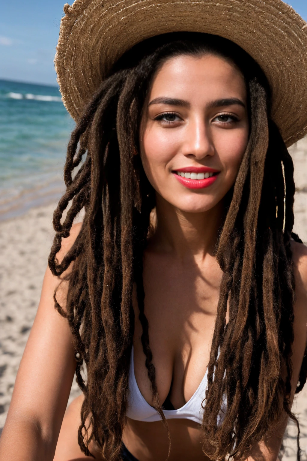 (photorealistic), best quality, hyper-detailed, ultra high res, 8k, best shadow, RAW, huge breasts, 30G, big cleavage, deep blue eyes, perfect face, perfect lips, perfect smile, perfect teeth, small nose, top model, beauty, beautiful hipster woman with natural hair, dreads, hipster accessories, marijuana, hipster tattoos, full lips, professional photographer, distanced shoot, full body, sexy, outdoor, (daytime), sandy, sea, a sundowner (seductive), skin texture, smoking a cigarette, stoner, with black nose piercings and lip piercings, tongue sticking out with piercings