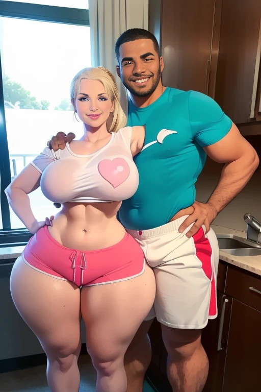 High resolution, (((two people in picture))), (one is a mature white girl, (((bimbo))), thick, long blonde, ponytail, she is smiling , very big wide hips, thick thighs, hourglass figure, small round breast, ((she's wearing dolphin shorts))), (the other is a young muscular man, he's in shorts and a T-shirt, the man standing beside her, (((he's standing very close to her with his arm around her and (his hand on her hip groping it))), (((they're both looking at the viewer smiling))), (((her hip is being groped))), (((he's grabbing her ass)))