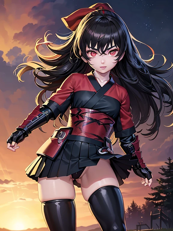 Anime, Girl, (((1girl))), (((Waifu, Raven Branwen, Raven Branwen Waifu))), (((Black Hair, Messy Hair))), ((Crimson Red Eyes eyes: 1.3, Upturned Eyes: 1, Perfect Eyes, Beautiful Detailed Eyes, Gradient eyes: 1, Finely Detailed Beautiful Eyes: 1, Symmetrical Eyes: 1, Big Highlight On Eyes: 1.2)), (((Lustrous Skin: 1.5, Bright Skin: 1.5, Skin Fair, Shiny Skin, Very Shiny Skin, Shiny Body, Plastic Glitter Skin, Exaggerated Shiny Skin, Illuminated Skin))), (Detailed Body, (Detailed Face)), Young, ta, (Best Quality), (((Bicep-high Gauntlets, Armored Boots, Thigh-high Heeled Boots, Armored Gauntlets))), (((Battle Kimono))), (((Skirt))), High Resolution, Sharp Focus, Ultra Detailed, Extremely Detailed, Extremely High Quality Artwork, (Realistic, Photorealistic: 1.37), 8k_Wallpaper, (Extremely Detailed CG 8k), (Very Fine 8K CG), ((Hyper Super Ultra Detailed Perfect Piece)), (((Flawless masterpiece))), Illustration, Vibrant Colors, (Intricate), High Contrast, Selective Lighting, Double Exposure, HDR (High Dynamic Range), Post-processing, Background Blur