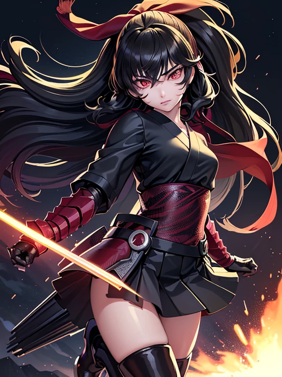 Anime, Girl, (((1girl))), (((Waifu, Raven Branwen, Raven Branwen Waifu))), (((Black Hair, Messy Hair))), ((Crimson Red Eyes eyes: 1.3, Upturned Eyes: 1, Perfect Eyes, Beautiful Detailed Eyes, Gradient eyes: 1, Finely Detailed Beautiful Eyes: 1, Symmetrical Eyes: 1, Big Highlight On Eyes: 1.2)), (((Lustrous Skin: 1.5, Bright Skin: 1.5, Skin Fair, Shiny Skin, Very Shiny Skin, Shiny Body, Plastic Glitter Skin, Exaggerated Shiny Skin, Illuminated Skin))), (Detailed Body, (Detailed Face)), Young, ta, (Best Quality), (((Bicep-high Gauntlets, Armored Boots, Thigh-high Heeled Boots, Armored Gauntlets))), (((Battle Kimono))), (((Skirt))), High Resolution, Sharp Focus, Ultra Detailed, Extremely Detailed, Extremely High Quality Artwork, (Realistic, Photorealistic: 1.37), 8k_Wallpaper, (Extremely Detailed CG 8k), (Very Fine 8K CG), ((Hyper Super Ultra Detailed Perfect Piece)), (((Flawless masterpiece))), Illustration, Vibrant Colors, (Intricate), High Contrast, Selective Lighting, Double Exposure, HDR (High Dynamic Range), Post-processing, Background Blur