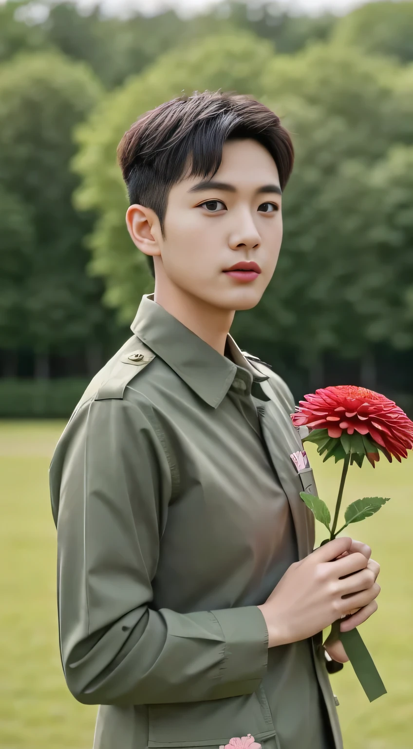 8k, (masterpiece), best quality, 2d, 20-year-old soldier,Wear training uniform,Wearing a hat,short hair,Wearing a full set of military green camouflage uniforms, Outdoor meadow background, Upper body unobstructed photos,Green Clothing,Southeast Asian Soldiers,Frontal orientation,Face the screen,Eyes looking at the camera,Holding carnation flowers,Happy Mother's Day,Holding a big pink flower in hand,Pink large flowers,