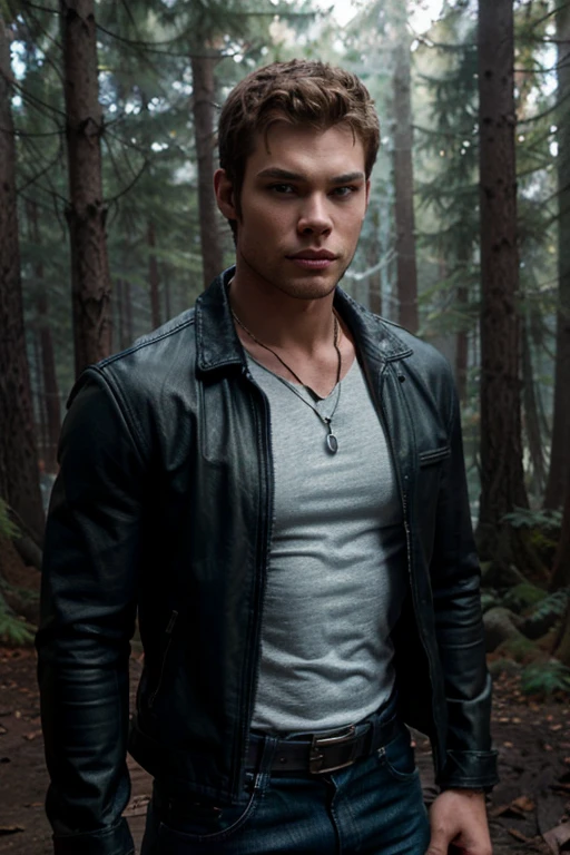 Kellan Lutz, Emmett Cullen, Teen Wolf, 18 years old, short messy light brown hair, green eyes, white sleeveless shirt with black collar, blue denim leather jacket, black leather belt, silver bat pendant, black jeans, misty forest background around in black.
