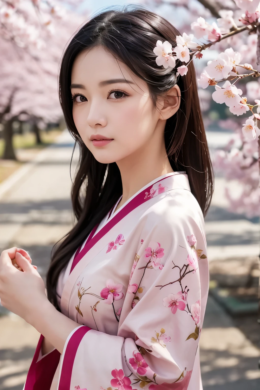 8K.A black-haired woman quietly looking up at the cherry blossom tree,Super Beauty(Like the real thing),A woman wearing a kimono with a cherry blossom design,Her hair is tied up and she is wearing a cherry blossom hairpin.,Beautiful expression,Messy, I am proud, Absurd, celebration, Cowboy Shot, Portraiture, (highest quality), (Tabletop), (Very detailed), masterpiece,highest qualityのフォトリアリスティックなRAW写真。Backlight, Cinema Lighting, Film Grain, to be born, 50mm lens, Nikon D850,Ultra-Realistic Skin,Fantasy art,Character Art,Ultra-high resolution,Muscular and slender body type,完璧なhand,compensate,Bust shot close-up,Pink Rouge,Cherry blossom petals fluttering down in the wind,Fantastic scenery,My eyes are on the cherry blossoms above,桜の花にhandを伸ばす,hand,