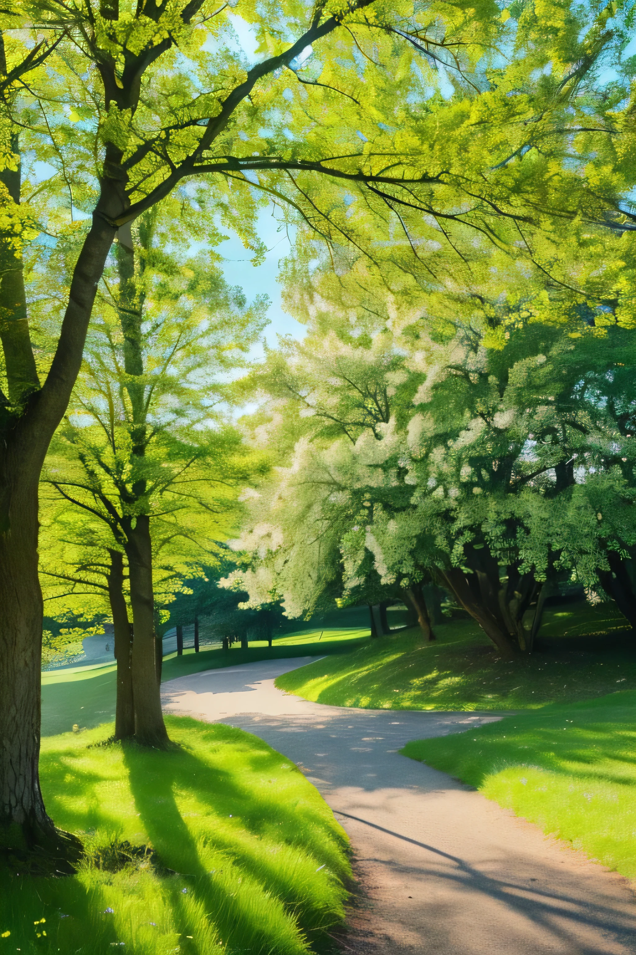 (highest quality, 4K, masterpiece :1.3), kamisato ayaka，Spring Morning，Beautiful and exquisite flowers，Bright green sky，Shining Sun，green々Fresh green grass，Winding grass path，Whimsical cloud formations，Sun peeking through the branches，Color Palette，Happy scene，Artistic interpretation，Magical and enchanting scenery。