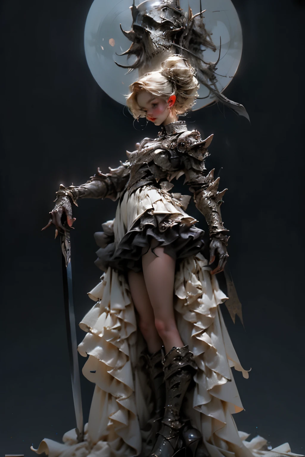 ((best quality)), ((masterpiece)), (detailed), perfect face ((best quality)), ((masterpiece)), (detailed), blank white background, plain background, white background, Bloodborne inspired,  occult aesthetic, occult, detailed and intricate steampunk and detailed gothic, (zentangle, mandala, tangle, entangle),  NSFW, torn clothing, Very dramatic and cinematic lighting, cosmic horror, grim-dark, side-lighting, perfect face, a beautiful goddess adorned and enshrined in armour, Bloodborne inspired , occult aesthetic , occult , detailed and intricate steampunk and detailed gothic , wielding a sword and holding a shield, NSFW, Fluttering lace flared short dress with frilly petticoats, knee length dress, pleated petticoats, lolita dress, petticoats gothic lolita, side-lighting, gothic lolita aesthetic, beautiful small breasts, small breasts, full body, whole body, body, plain background, white background, blank background, no background, white background NSFW, full body, whole body, head-to-toe